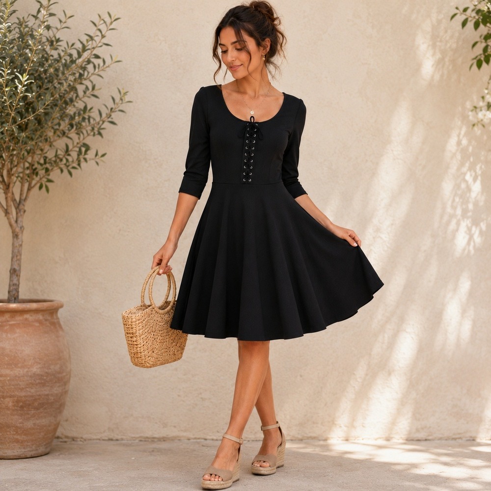 Black Lace Up Fit & Flare Skater Dress Size Medium Coquette Balletcore Summer